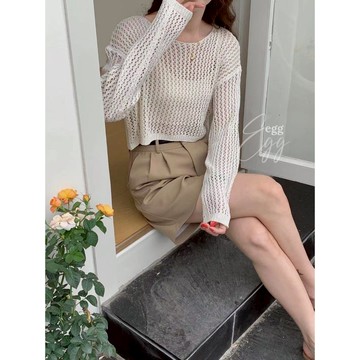 【太妮絲AB19】現貨 韓系 鏤空針織長袖罩衫 INS 甜美 洞洞罩衫 圓領 短版上衣 夏季