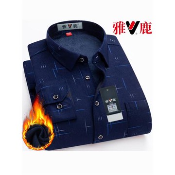 雅鹿新款冬季保暖襯衫男加絨加厚中老年人長袖印花帶絨襯衣爸爸裝