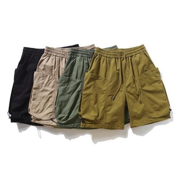 外貿男裝日系機能工裝風大口袋寬松直筒純棉休閑短褲闊腿五分褲潮