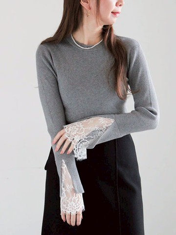 優雅蕾絲袖口拼接針織羅紋合身上衣(0F001508210) - Te chichi