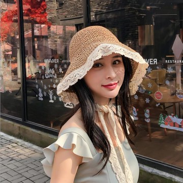 蕾絲潮草帽女夏系帶沙灘帽可折疊海邊度假防曬遮陽帽子日系綁帶帽1入