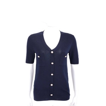 EDWARD ACHOUR PARIS 珍珠釦深藍色短袖針織外套