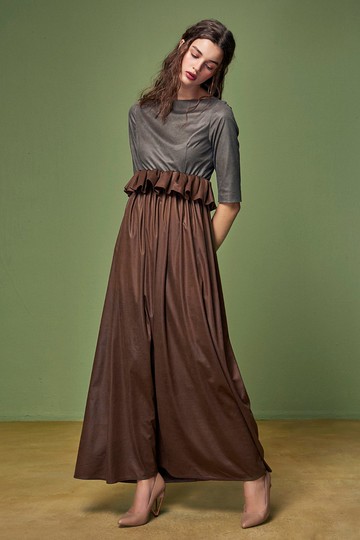 Off-season sale 灰配咖麂皮腰抓皺長洋裝