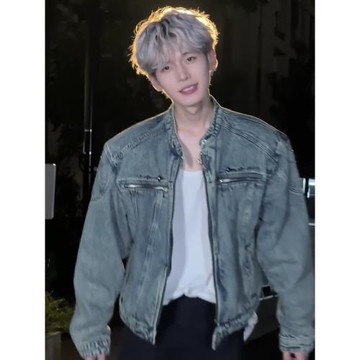 美式復古短款牛仔外套男高級感痞帥春秋cleanfit立領拉鏈墊肩夾克