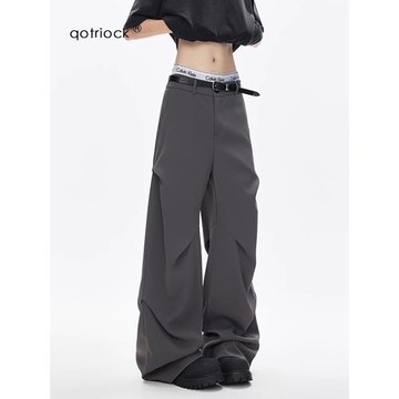 高級感冰絲褶皺傘兵褲男女夏季新款薄款cleanfit涼感灰色微喇西褲