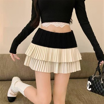【撞色拼接 鬆緊高腰 顯瘦 防走光 A字百褶裙 女 秋冬季 韓版 針織 半身短裙 百褶裙短裙 短裙 高腰短裙 高腰百褶裙