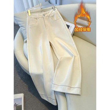 (免運)白色直筒加絨牛仔褲女2025新款秋冬爆款高級感小個子九分褲闊腿褲