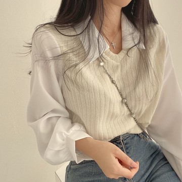 假兩件短款針織上衣港風復古小眾法式襯衫拼接翻領燈籠袖秋季新款【聚寶屋】