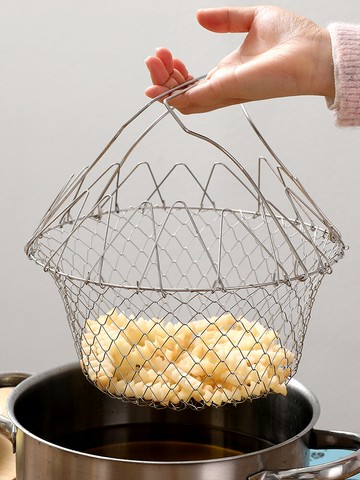 折疊油炸籃304不銹鋼圓形伸縮濾油藍神器家用炸薯條瀝油網漏工具