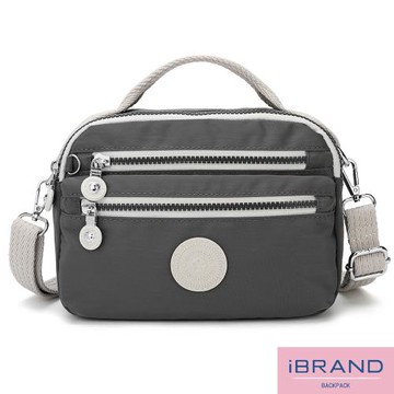 iBrand 輕盈防潑水雙拉鍊撞色手提側斜背包 -灰色 MDS-8642