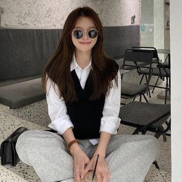 春秋韓版黑色V領針織馬甲女背心寬松短款無袖毛衣馬夾坎肩外穿女