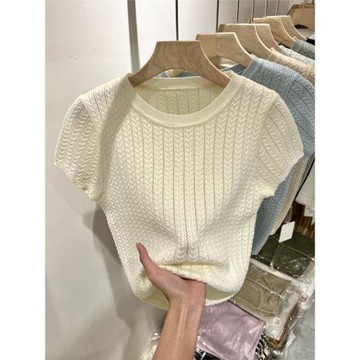冰絲短袖t恤女夏季新款修身洋氣高級感針織衫圓領短款別致上衣ins