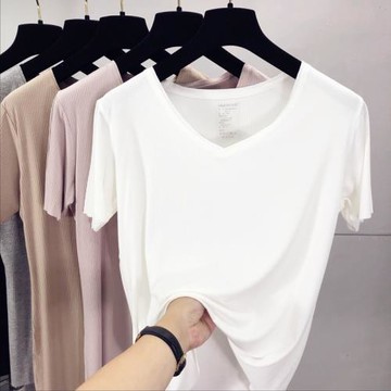 V領純色莫代爾短袖T恤女夏新款韓版雙層領寬松白色打底衫上衣潮