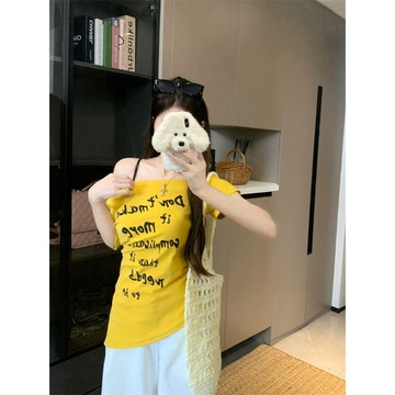 🔥熱賣款🔥設計感不規則印花斜肩短袖T恤女夏季新款修身顯瘦百搭上衣