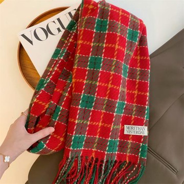 圣誕紅色格子仿羊絨圍巾女秋冬季百搭流蘇披肩學生情侶保暖圍脖潮