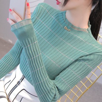 SY韓版上衣高領毛衣秋冬新款荷叶领长袖针织衫女士修身洋气内搭打底衫网纱木耳边毛衣