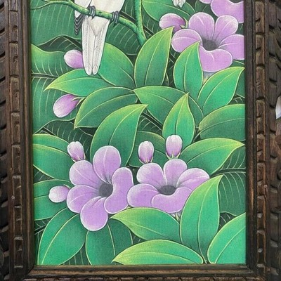 バリ絵画 鳥の絵 白い鳥と花 W33×H63cm 額付 ブンゴセカン 花鳥
