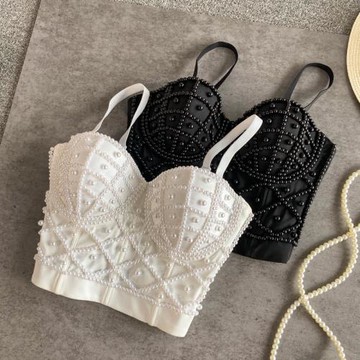 內搭裹胸珍珠吊帶背心上衣(黑)