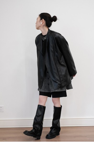 復古金屬絲寬松PU夾克皮衣外套