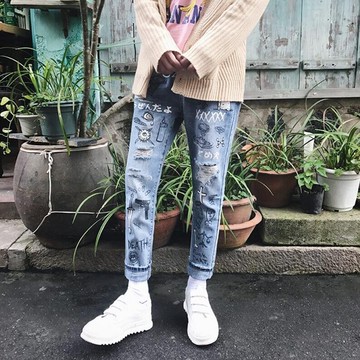 FINDSENSE品牌 男 時尚 潮 街頭 時尚 塗漆印花 破洞 休閒牛仔褲 九分褲 直筒褲