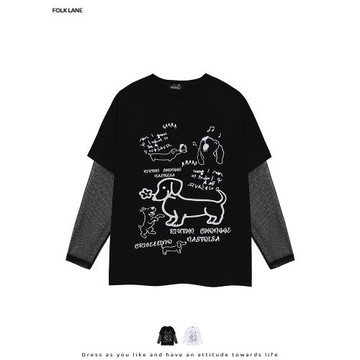 稚成人美式復古趣味假兩件網紗長袖T恤女夏新款寬松百搭休閑上衣