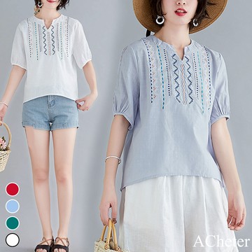 【ACheter】波蘭名族風刺繡棉麻五分袖上衣# 107141(現貨+預購)