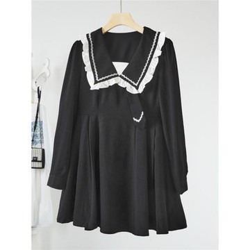 諾諾E站【町】2025春季新款 甜美學院風海軍領收腰連衣裙 剪標女