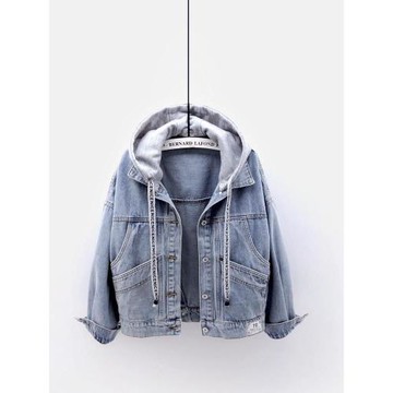 韓國連帽牛仔外套女秋冬加絨加厚寬松時尚春薄款洋氣短款夾克上衣