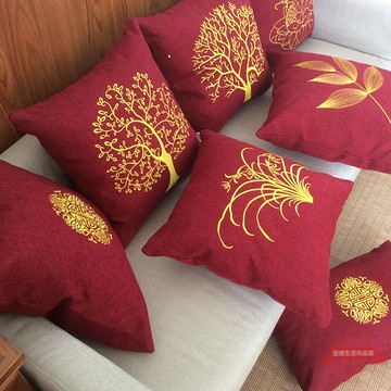 刺繡圖案抱枕沙發客廳汽車靠墊辦公室腰靠枕北歐床頭靠背喜慶紅色