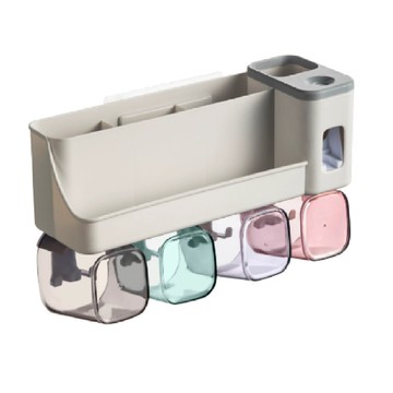 牙刷置物架 PP材質 可承重2公斤 附貼片+牙刷支架+杯子  灰色  1個