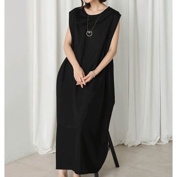 日本 Bab - 透氣嫘縈肩皺摺A字無袖洋裝-黑