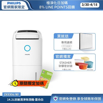 ★送2年份濾網+享節能補助$1200★飛利浦 14.2L抗敏清淨除濕機-雲朵白(DE5306/80)-適用18坪