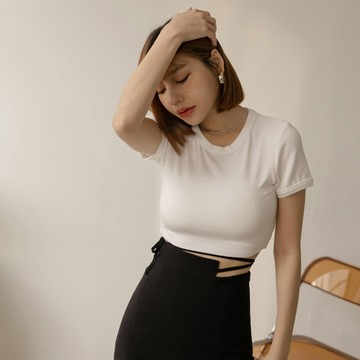 圓領彈性短版T恤-白【KY19169】