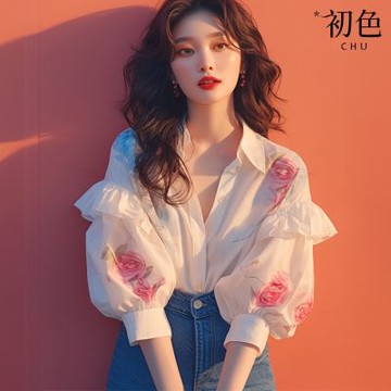 初色 法式印花花朵襯衫領七分袖泡泡袖襯衫上衣女上衣-白色-37533(M-3XL可選)