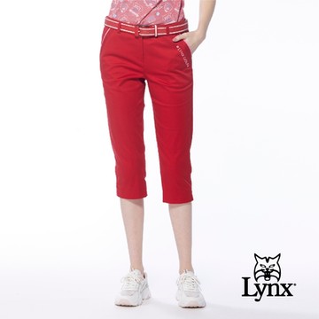 【Lynx Golf】女款彈性舒適造型織帶褲腳開衩設計窄管七分褲-紅色