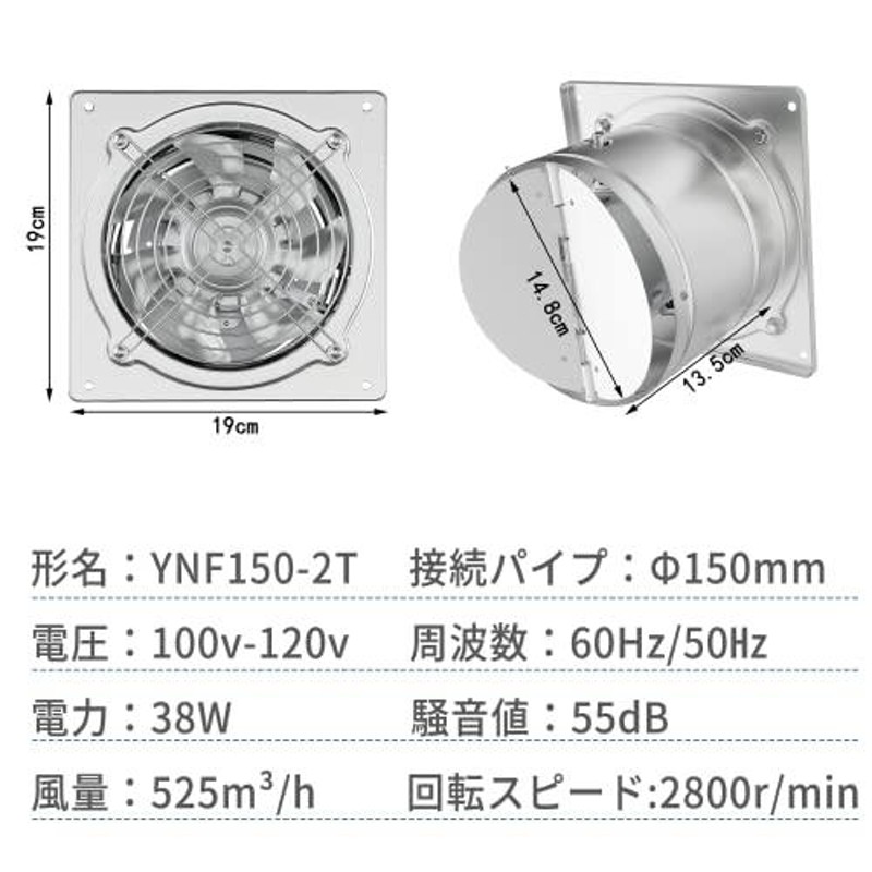 Okryain 換気扇 150mm 家庭用工業換気扇 風量525m3/h 中間取付形ダクト 