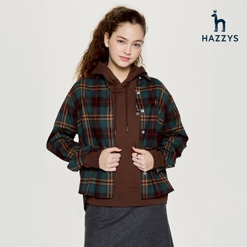 【HAZZYS】女款綠色柔軟舒適面料優雅短版設計長袖格紋襯衫 YSWKD905