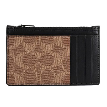 COACH CAB81 經典撞色印花款扁式拉鍊卡片零錢包.深咖/駝