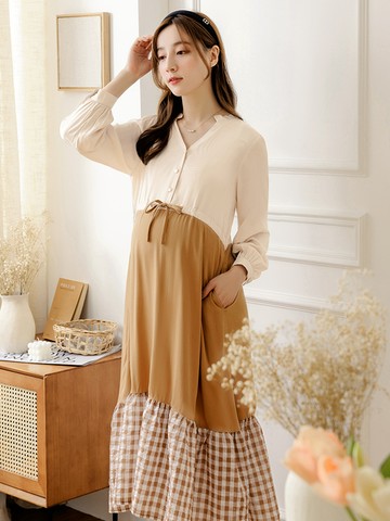 荷葉V領半開襟抽繩拼接格紋蛋糕裙襬孕婦洋裝