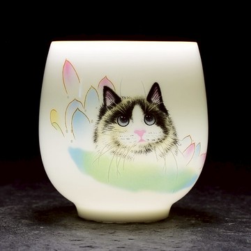 茶杯陶瓷主人杯玉泥貓杯功夫茶碗茶杯白瓷大號家用個人山水品茗杯