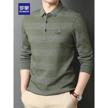 羅蒙男士長袖Polo衫春秋季款商務寬松休閑刺繡帶翻領爸爸T恤上衣