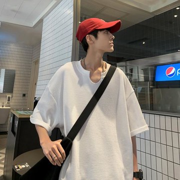 白色t恤男v領半袖打底衫夏季薄款透氣華夫格上衣男生短袖體恤寬松