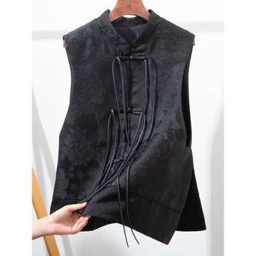 新中式國風盤扣短款馬甲女2025春秋唐裝黑色錦緞提花背心坎肩外套