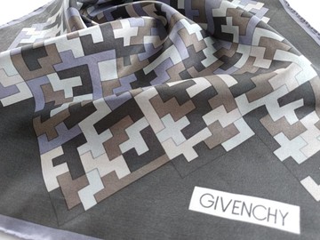 復古 Givenchy 真絲領巾，20 x 20 英吋，幾何圖案，100% 真絲，節日禮物