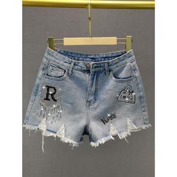 歐洲站流蘇燙鉆破洞牛仔褲短褲女潮2025夏裝新款高腰顯瘦毛邊熱褲