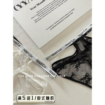 白茶的貓蕾絲字母帶內褲漏邊女士低腰鏤空網紗透氣純棉襠三角褲