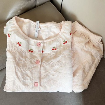 DUYI~夢詩 睡衣女帶胸墊藍色春秋夏季雲朵棉長袖長褲套裝少女甜美開衫家居服