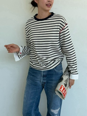 法式不費力★撞色滾邊經典條紋長袖上衣