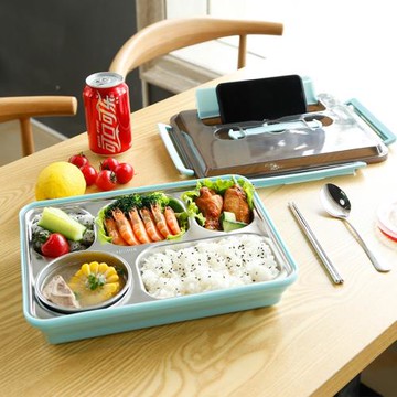 304不銹鋼 飯盒 學生餐盒上班族便攜便當盒4格5格分隔帶蓋帶餐具