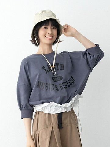 印花異素材拼接大學T恤(0S000001000) - earth music&ecology